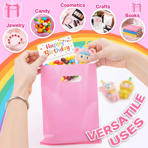 Pink bag from 50 Pack Multicolor Party Favor Gift Bags 8x11 Inches With Handles Reusable Plastic Goodie Bags for candy and gifts