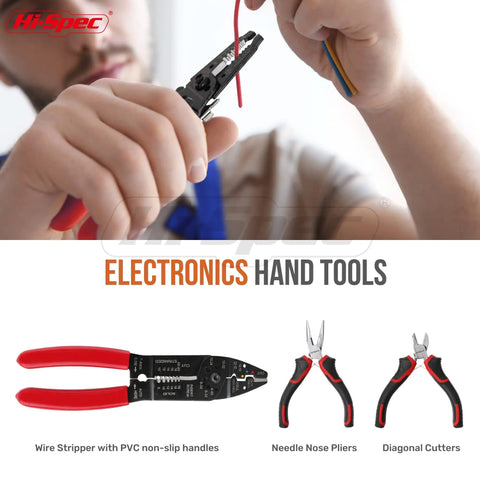 Man using wire stripper from 84 Piece Electronics Soldering Kit with Multimeter and Repair Tools for PCBs and Computers