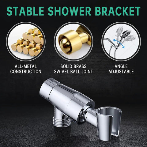 Handheld Shower Head With Hose And Holder, Built From Stainless Steel And Brass, showing stable bracket and adjustable joint.