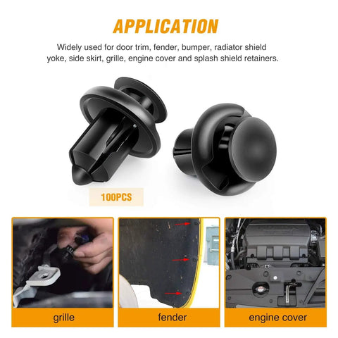 Fender Rivet Clips 10mm 91503 SZ3 003 Original Replacement Kit with fastener remover, shown with application on grille, fender, engine cover