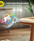 Beginners Drone For Kids With 3 Batteries And Easy Flight Modes HS180 with colorful LED lights avoiding a table indoors.