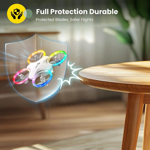 Beginners Drone For Kids With 3 Batteries And Easy Flight Modes HS180 with colorful LED lights avoiding a table indoors.