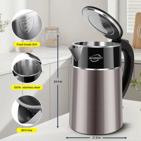 1.8L Electric Kettle With Double Wall Insulation For Safe Touch 1350W Fast Boil 304 Stainless Interior Auto Shut Off Gold Finish