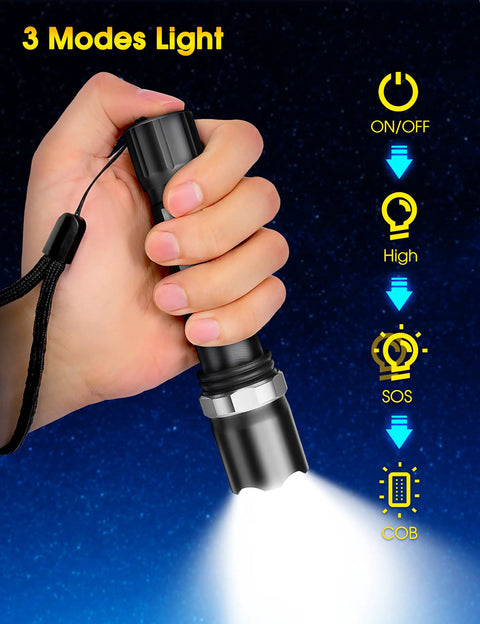 Rechargeable LED Flashlight With COB Sidelight Beast Mode Bright High Lumen Beam Zoomable Tactical Light 3 Modes Emergency Outdoor Gear