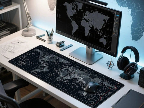 World Map XXL Mouse Pad 35.4 By 15.7 Inch with non-slip rubber base on white desk, showing detailed map design, used for gaming setup.