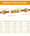 Top Shelf 2 Pack 1/4 Inch Flare Nut Kit Solid Copper Pipe Extension Joint Connectors product specifications chart showing dimensions.