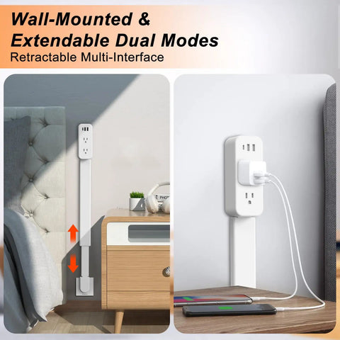 Flexible Outlet Extender Stick With Usb A And C Fast Charge Plus Two Ac Receptacles Stretches 22 To 34 Inches Swivels 180 Degrees Nips The Pinch Behind Couches And Desks on a wall beside furniture.
