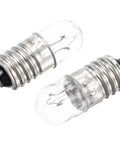 Top Shelf E10 Screw Base Miniature Bulbs Delivering A Crisp Warm Yellow Glow Dc 24V 0.15A Power Rating Built Tough For Daily Diy Hacks And Model Assembly Reliable Plug And Play Mini Lamps Pack Of 25 close-up view of two E10 bulbs with glass dome and metal screw base.
