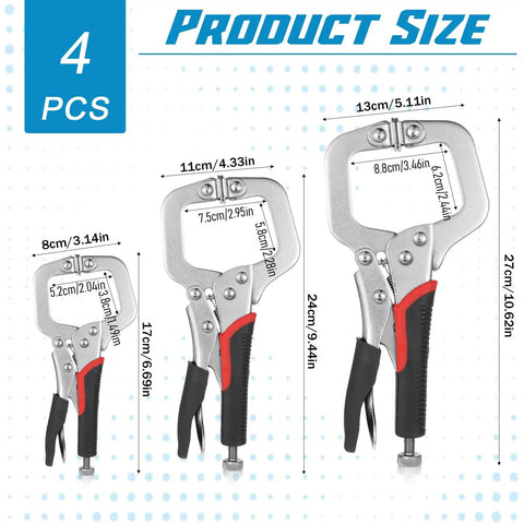 4 Piece Locking C Clamp Set Heavy Duty Welding Clamps Pliers Vise Grips With Swivel Pads 6 Inch 9 Inch 11 Inch Tough Grip For Craftsmen Home Workshop Projects, size chart