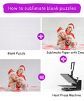 Three Set Sublimation Puzzle Blanks Bundle With 360 Pieces A4 Jigsaw DIY Thermal Transfer Puzzles for Heat Press Printing Crafts Ideal for Custom Photo Gifts And Creative DIY Projects tutorial image showing blank puzzle, sublimation paper, family in Christmas attire, and heat press machine.