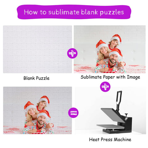 Three Set Sublimation Puzzle Blanks Bundle With 360 Pieces A4 Jigsaw DIY Thermal Transfer Puzzles for Heat Press Printing Crafts Ideal for Custom Photo Gifts And Creative DIY Projects tutorial image showing blank puzzle, sublimation paper, family in Christmas attire, and heat press machine.