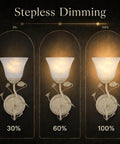 Folux Battery-Operated Vintage White Flower Wall Sconce Set of 2 showcasing stepless dimming at 30%, 60%, and 100% brightness.