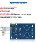 5Pcs RFID Kit With Mifare RC522 Reader Module For Development Projects showing blue reader board with pin details and specs.