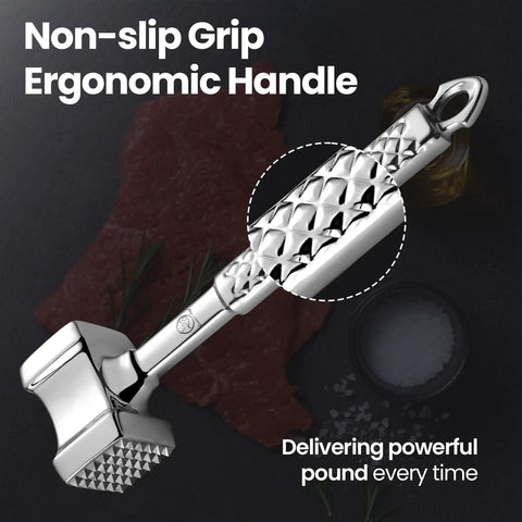 Dual-Sided Meat Tenderizer Tool With Flat Pounder And Textured Surface, Non-Slip Grip, Heavy-Duty Stainless Steel close-up