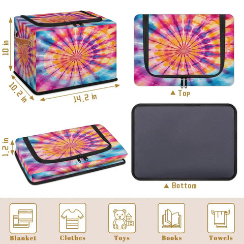 Boho Tie Dye Storage Bins With Lids Foldable Closet Organizers, 14.2x10x10 inches, durable polyester for organizing clothes and towels.