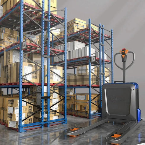 Heavy Duty Electric Pallet Jack Truck Delivering Solid 4400 Pound Capacity With Rapid Lithium Battery And Brushless Motor for warehouse use.