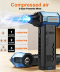 Side view of Electric Air Duster With Two Replaceable Batteries showing 3 gear settings and airflow illustration