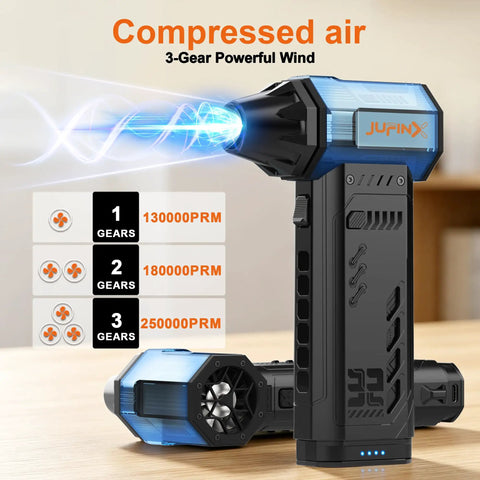 Side view of Electric Air Duster With Two Replaceable Batteries showing 3 gear settings and airflow illustration