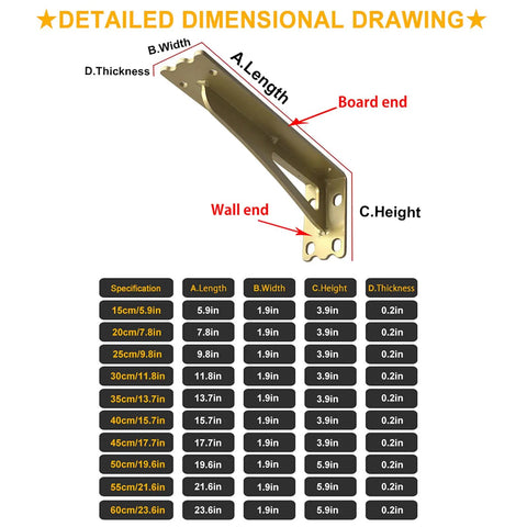 Detailed dimensional drawing of Rock Solid Heavy Duty Floating Shelf Brackets Set Two Pieces Industrial Wall Mounted L Braces.