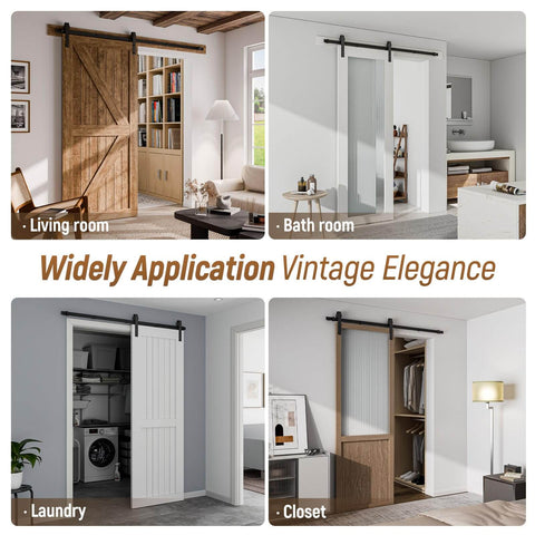 4 Foot Single Sliding Barn Door Hardware Kit Black With Carbon Steel Hangers And Flat Track System installed in various rooms