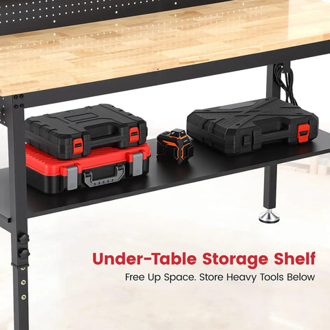 Under-table storage shelf of Flat Out Heavy Duty 60 Inch Workbench And Adjustable Height Stand holding tool cases and equipment.
