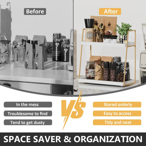 Two Tier Wooden Coffee Bar Organizer For Countertop And Corner Spaces Multifunctional Coffee Station Shelf with organized accessories