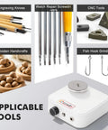 Solid Workhorse Rotary Engraver Sharpener With Four Precision Grinding Discs Variable Speed Dial showing applicable tools for engraving and sharpening.