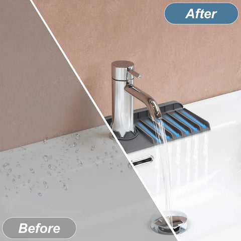Before and after results using Silicone Sink Splash Guard Behind Faucet Drip Catcher Mat Keeps Counters Dry Countertop Saver