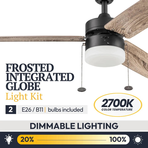 48 Inch Modern Farmhouse LED Ceiling Fan with Reversible Dual Finish Blades and Pull Chain, Frosted Globe Lighting, 2700K