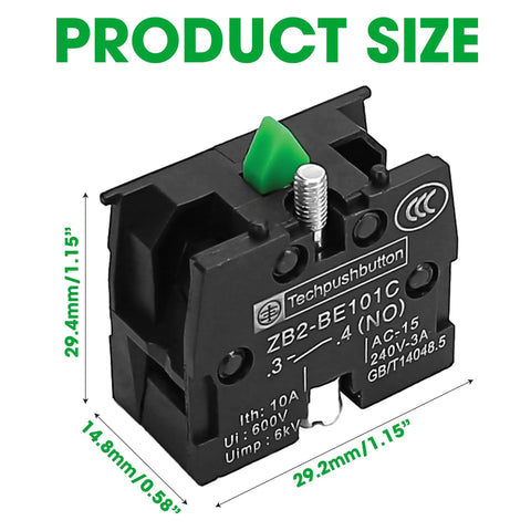 Rugged Heavy Duty Momentary Push Button Switch With NO NC Contacts, 10A 600V, industrial contact block product size view