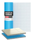 Solid Uncoupling Membrane Roll For Tile Underlayment Spanning 150 Square Feet, waterproof, showing cut tiles and subfloor layers.