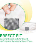 Steam Mop Scent Discs Fresh Lemon Aroma Pack Of 15 Count Foil Sealed Fragrance Discs Compatible With Bissell PowerFresh And Symphony Elevate Cleaning With A Bright Lemon Scent During Every Pass being placed into steam mop pocket with text showing perfect fit for Bissell PowerFresh and Symphony.