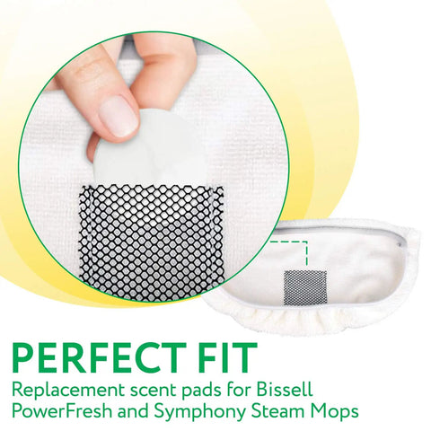 Steam Mop Scent Discs Fresh Lemon Aroma Pack Of 15 Count Foil Sealed Fragrance Discs Compatible With Bissell PowerFresh And Symphony Elevate Cleaning With A Bright Lemon Scent During Every Pass being placed into steam mop pocket with text showing perfect fit for Bissell PowerFresh and Symphony.