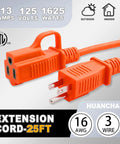 Heavy Duty 25 Foot Indoor Outdoor Extension Cord Waterproof 16 AWG 3 Conductor SJTW 3 Prong Grounded Power Cable Orange