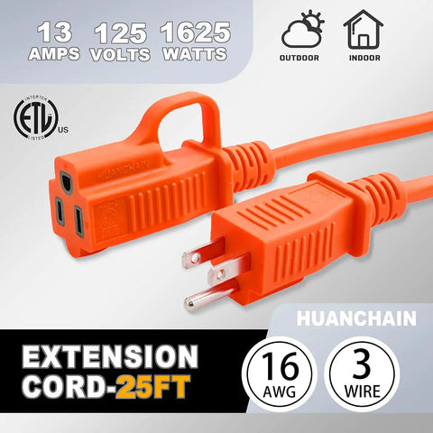 Heavy Duty 25 Foot Indoor Outdoor Extension Cord Waterproof 16 AWG 3 Conductor SJTW 3 Prong Grounded Power Cable Orange