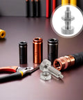 Heavy Duty Stainless Steel Self Locking Indexing Pin And M10 Thread Spring Plunger with knurled handle on a workbench with tools.