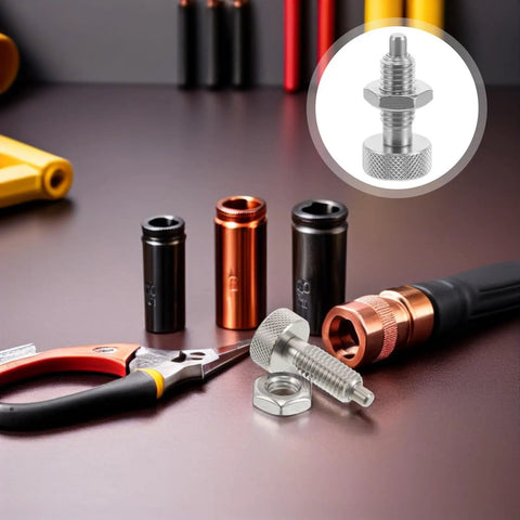 Heavy Duty M10 Stainless Steel Spring Plunger Pin With Knurled Grip Handle And Self Locking Indexing Latch on workbench with tools.