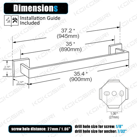 Detailed diagram of 36 Inch Single Towel Bar Wall Mounted Matte Black Finish Made From SUS 304 Stainless Steel Durable Bathroom And Kitchen Towel Rack With Quick Install Brackets And Rustproof Corrosion Resistant Design showing measurements.