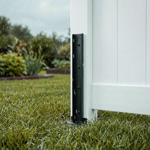 Heavy Duty H Frame Fence Post Stabilizer Kit For Straightening Leaning Wood Fence Posts Without Any Drama While Keeping Residential Yards And Decks Level And Secure Today, installed on a wet fence post.