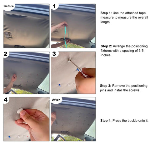 Step-by-step installation of 60 Piece Universal Car Roof Headliner Repair Kit With Installation Tool Includes Snap Rivets Retainers For All Cars Grey Grid Interior Ceiling Fix And Durable Easy DIY Fit