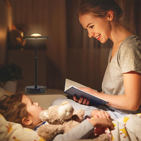 Woman reading to a child at night with LED Table Lamp Dimmable Desk Lamp Reading Lamp With USB A And Type C Charging Port 2 Prong Outlet Power Touch Control Night Light Retractable For Bedroom Living Room Dorm Study Home Office