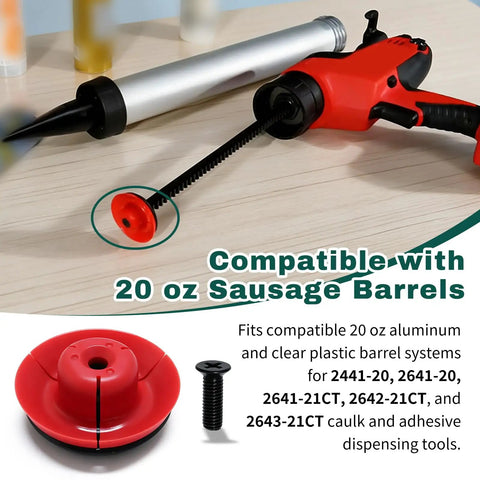 Heavy Duty Metal Plunger And Screw Replacement Kit For 20 Oz Sausage Barrel Caulk Guns showing components compatible with 20 oz barrels.