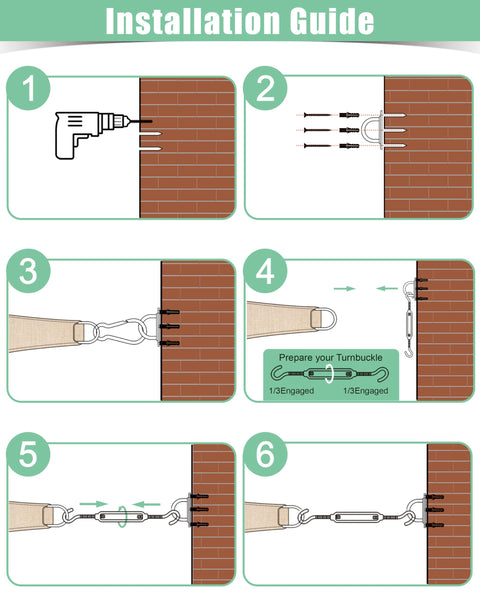 Installation guide for Heavy Duty Stainless Steel Shade Sail Hardware Kit 6 Inch Fittings 44 Pieces For Triangle And Rectangle Canopies.