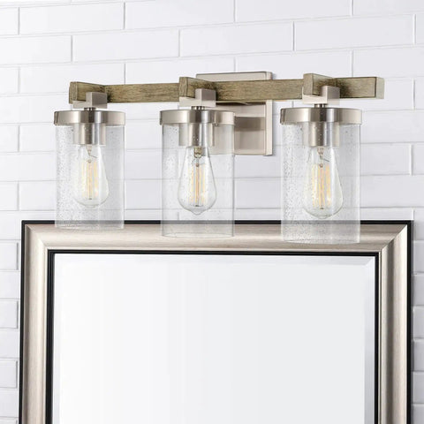 Farmhouse Vanity Light With Seeded Glass Cylinders, Three Light Fixture In Reclaimed Oak Wood And Brushed Nickel Finish, Up Or Down Mount