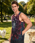 Premium Mens Workout Tank Top With Dope Mechanical Flower Gears Stars Print worn by man in park with dogs, quick dry mesh, sleeveless.