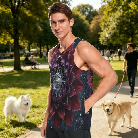 Premium Mens Workout Tank Top With Dope Mechanical Flower Gears Stars Print worn by man in park with dogs, quick dry mesh, sleeveless.