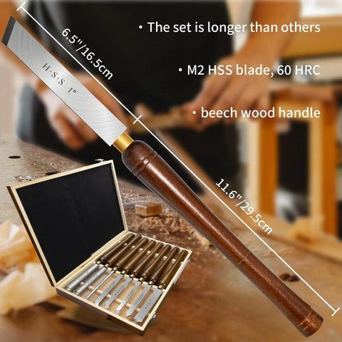 8 Piece M2 HSS Wood Lathe Chisel Set With Long Handle shown with 6.5-inch blade and 11.6-inch beech wood handle on table