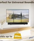 Totally Locks In Soundbar Mount And TV Bracket Holds Up To 20 Lbs Universal Fit, showing soundbar under TV on a wooden shelf.