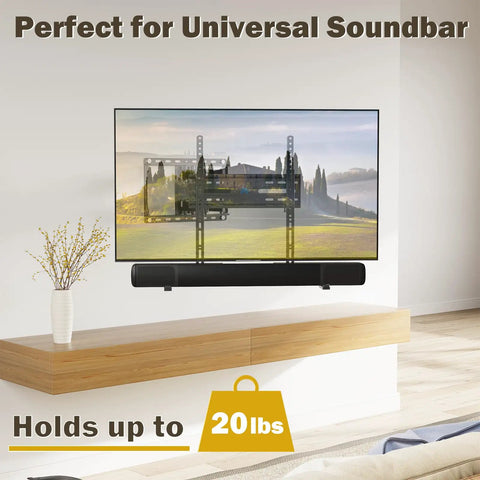 Totally Locks In Soundbar Mount And TV Bracket Holds Up To 20 Lbs Universal Fit, showing soundbar under TV on a wooden shelf.
