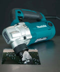 Low Noise 10 Gauge Metal Nibbler With Lock On Trigger cutting metal sheet, 7.4 lb tool, rubber grip, built-in thickness gauge visible